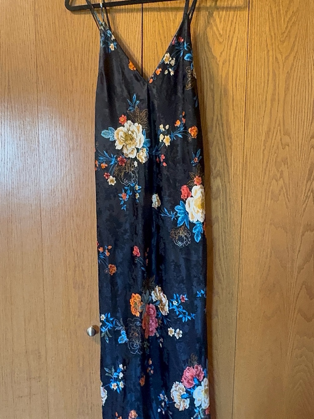 Women's Black Floral Satiny Slip Dress
